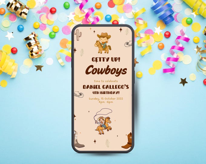 Editable Cowboy Invitation, Wild West Party Mobile Invite, Western Card Digital Download)