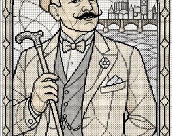 Patrón de punto de cruz de Hercule Poirot, ilustración de un personaje de Agatha Christie (descarga digital)