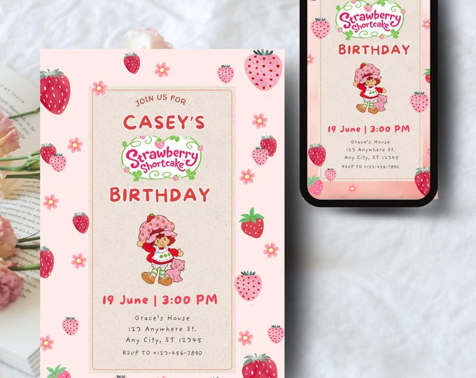 Strawberry Shortcake Party Invite , Strawberry Birthday, Editable Template for Print & Mobile Version