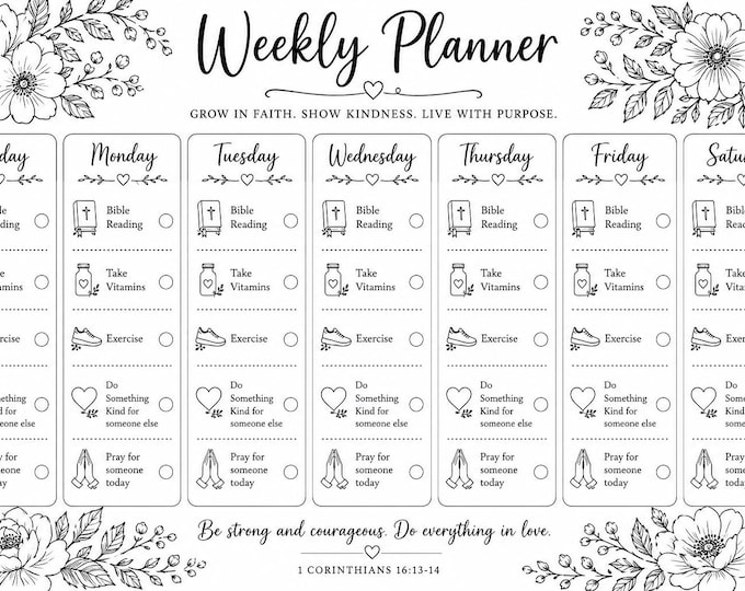 Christian Weekly Planner Printable | Bible Reading Tracker | Faith-Based Habit Tracker | Prayer & Kindness Checklist | Floral Planner PDF