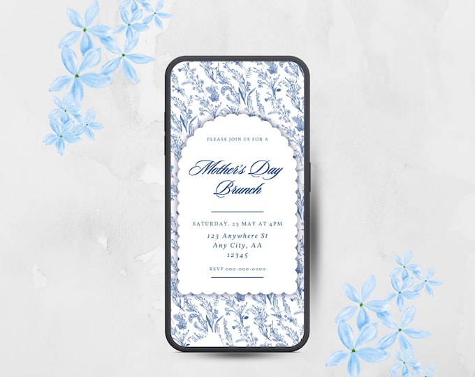 Blue Flower Mother's Day Mobile Invite, Blue Floral Party Invitation, Floral Mobile Invite Digital