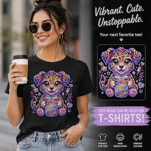 May include: Black t-shirt featuring a colorful cartoon puppy with leopard spots, holding a coffee cup. The shirt has the text "COFFEE" on the cup. The image also includes the text "Vibrant. Cute. Unstoppable. Your next favorite tee!" and "THIS IMAGE CAN BE USED FOR T-SHIRTS!"