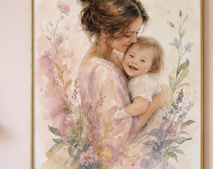 Mother and Trisomy 21 Child Wall Art| Down Syndrome Print| Down Syndrome Child Art | Printable Watercolor Digital | 8x10 11x14 16x20