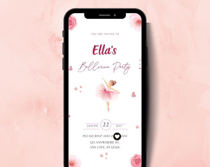 Pretty Pink Ballerina Girl's Birthday Party Mobile Invite
