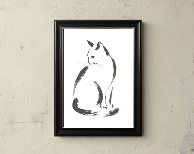 Minimalist Cat, Animal Drawing, Feline Drawing, Digital Art
