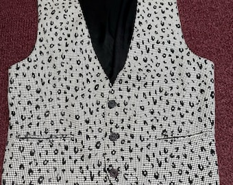 Chaleco de leopardo con estampado de pata de gallo de los 90, estilo rockero andrógino, confeccionado en EE. UU., en excelente estado.