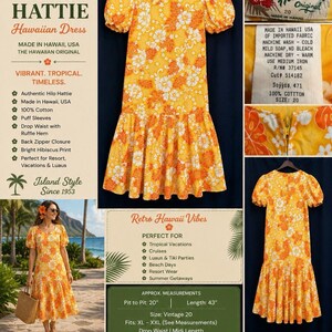 VTG Hilo Hattie Hawaii Dress Yellow Orange Hibiscus Resort Cotton XL 80s