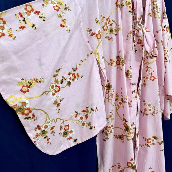 VTG Authentic Japanese Pink Cherry Blossom Sakura Yukata Robe Cotton Kimono M