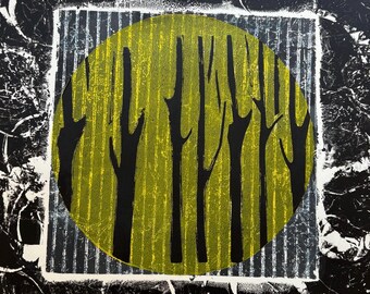 Monotype Forest Print: Acrylic Paint, Found Objects, Gelatin Plate Art
