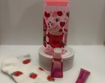 Berry Whimsy Sip & Care Bundle – 16 oz Strawberry Tumbler - Socks, Lip Gloss and Sanitizer