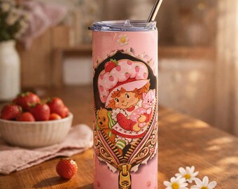 Strawberry Shortcake Tumbler • 20oz Stainless Steel Cup with Zipper Design • Retro Cartoon Mug