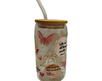 Inspire Your Day: 15 oz Glass Tumbler with Bamboo Lid & Straw