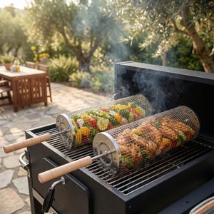 Cestello per barbecue in acciaio inox fatto a mano, con rotelle, per grigliate, con girarrosto, per verdure, set regalo per cucinare all'aperto