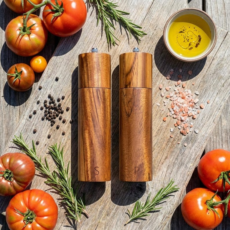 Hands using acacia wood pepper mill over pasta dish at dinner table, rustic Italian dining atmosphere with wine glass, premium wooden grinder