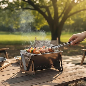 Handmade Folding Stainless Steel Portable Charcoal Grill Compact Tabletop BBQ Camping Picnic Outdoor Cooking Gift with Carry Bag