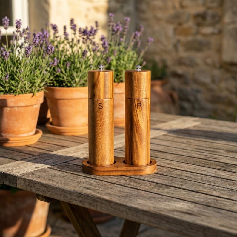 Acacia wood salt and pepper mills flat lay with fresh tomatoes, rosemary, whole peppercorns and olive oil on rustic wooden surface
