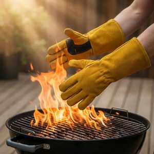 Guantes de soldadura de cuero resistentes al calor, guantes de barbacoa de piel de vaca, guantes de manga larga ignífugos para horno, camping y chimenea, regalo para él.