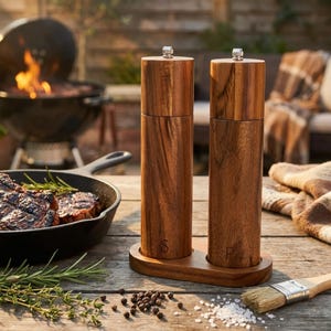 Two acacia wood salt and pepper mills with steak and rosemary on rustic wooden table, warm fireplace background, premium kitchen grinder set