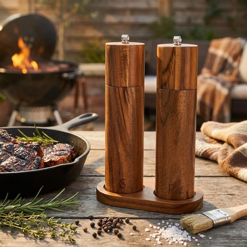Two acacia wood salt and pepper mills with steak and rosemary on rustic wooden table, warm fireplace background, premium kitchen grinder set