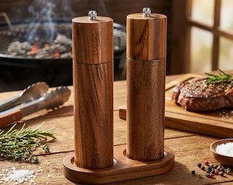 Ensemble de moulins à sel et à poivre en bois d'acacia avec plateau en bois — Moulin à épices manuel pour barbecue, cadeau de cuisine