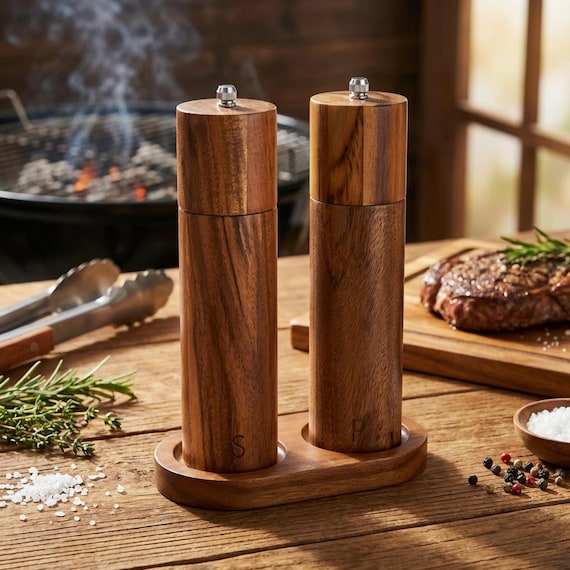 Acacia Wood Salt and Pepper Grinder Mill Set with Wooden Tray — Manual Spice Mill BBQ Kitchen Gift