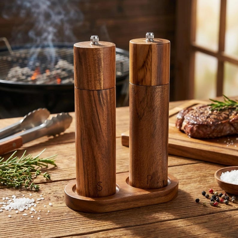 Acacia wood salt and pepper grinder set with matching tray on wooden table, rustic BBQ steak dinner setting with warm natural tones