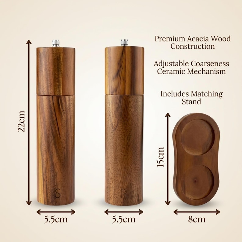 Premium acacia wood salt and pepper grinder set dimension infographic showing height 22cm diameter 5.5cm with matching tray 9cm, adjustable ceramic mechanism and matching stand details