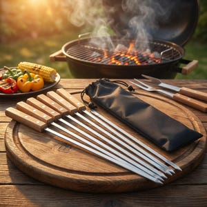 May include: A wooden chopping board displays six metal skewers with wooden handles, a black storage pouch, and grilling utensils. Grilled vegetables and a barbecue grill with burning coals are in the background, suggesting outdoor cooking.
