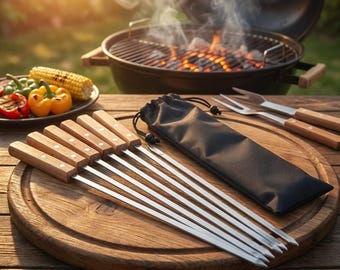 Flat Stainless Steel BBQ Skewers 55cm Wooden Handle Reusable Grill Skewers Set 6 Meat Vegetables Outdoor