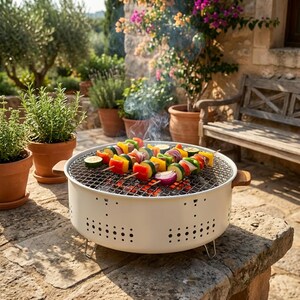 Può includere: Un barbecue rotondo bianco con manici in legno e una griglia metallica. Spiedini di verdure grigliate, tra cui peperoni rossi e gialli, zucchine e cipolle rosse, sono sulla griglia. Il barbecue è su un patio in pietra, con piante in vaso e una panca di legno sullo sfondo.