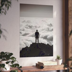 Lámina artística de silueta de cima de montaña / Póster épico de arte mural en blanco y negro