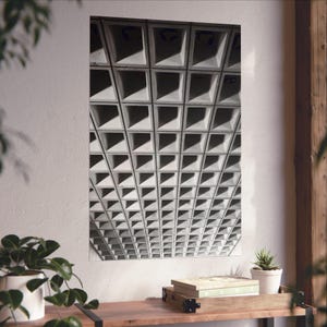 Waffle Grid Concrete Ceiling Print | Black White Abstract Structural Art Poster