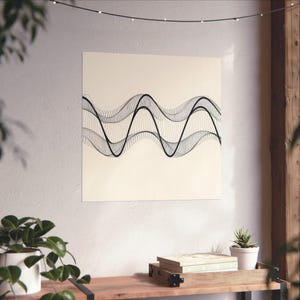 Póster de arte geométrico matemático lineal con impresión de interferencia de onda sinusoidal abstracta