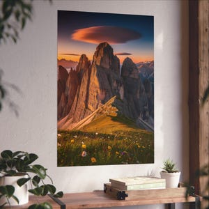 Lámina artística de la puesta de sol en la cresta de Seceda de los Dolomitas / Póster decorativo de montaña para pared