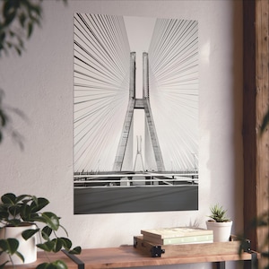 Cable Stay Bridge Print | Black White Engineering Art, Structural Elegance Poster