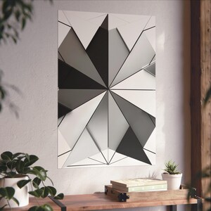 Lámina artística geométrica triangular en blanco y negro / Decoración de pared angular facetada