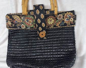Vintage 90s Black Maggi B Purse Woven Bamboo Handles Grannycore Cottagecore GUC