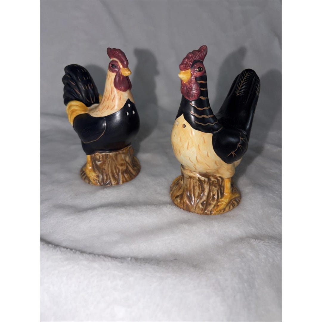 Kimble Chicken Sakura Warren Kimble Rooster Hen Chicken Salt Pepper Shakers Folk Art ...