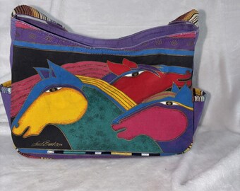 Retired Laurel Burch Wild Stallions Rainbow Horses Large Canvas Tote Artsy Boho