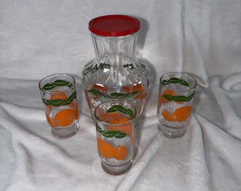 Vtg 60s MCM Anchor Hocking Orange Blossom Juice Carafe Pitcher 3 Glasses Red Lid