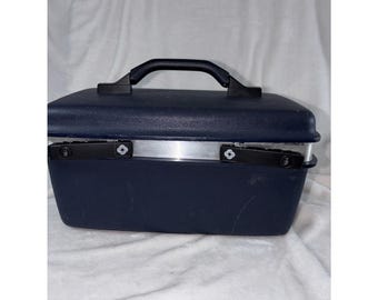 Vintage Samsonite Sentry II Navy Blue Train Case Makeup Trunk Mirror Hardshell