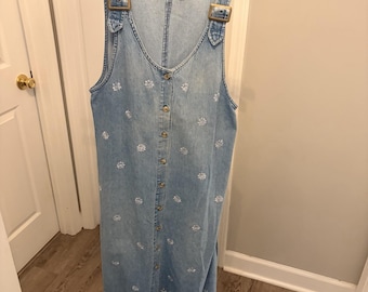 Vtg Agapo Denim Jumper Dress Med Floral Cottage Grannycore Buckle Strap Prairie