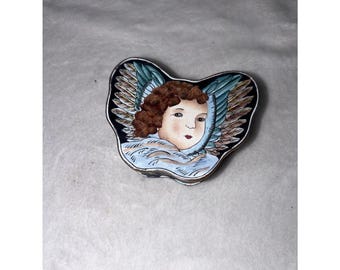 Vtg Full Enamel Hand Painted Angel Trinket BoxCherub Keepsake Signed 友 Friend