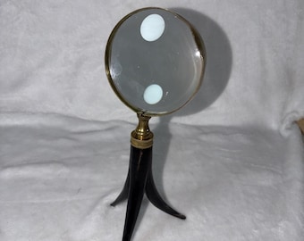 Vintage 70 Mid Century Modern Desk Item Tripod Brass Magnifying Glass Horn Legs
