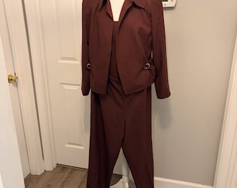 Vintage 80s NOS Petite Perceptions 3 Piece Pant Suit Maroon 16P Cinch Blazer