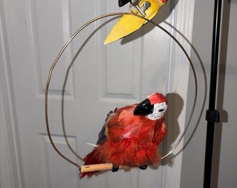 Vintage 80s Hanging Birds On A Ring Macaw One Feathered One Wooden Coastal Chic