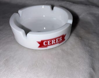 Vintage 80s Ceres Memorabilia Milk Glass Ashtray Retro Barware Tobacciana GUC