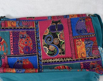 Vtg 00s Laurel Burch Feline Friends Canvas Tote Wood Charm Teal Cat Folk Art NWT