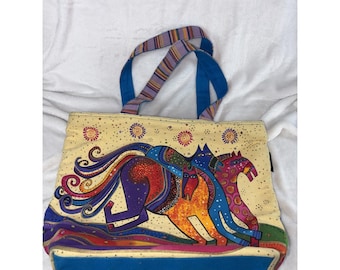 Laurel Burch Dancing Horses Caballos de Colores Large Canvas Tote Sequins Vtg 90