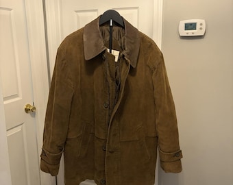 Vintage Norm Thompson Brown Wide-Wale Corduroy Chore Coat Suede Collar Lge READ